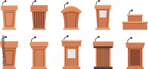 Collection of wooden podiums with microphones vector illustration for presentation speech event