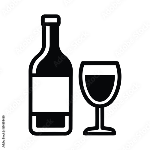 Black icon of a wine bottle and a wine glass filled with dark liquid drink beverage