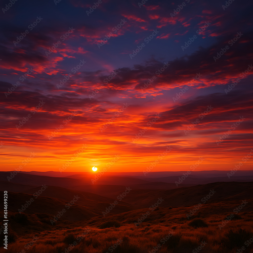 Fototapeta premium Red and purple twilight sky during sunset over horizon with glowing sun. 