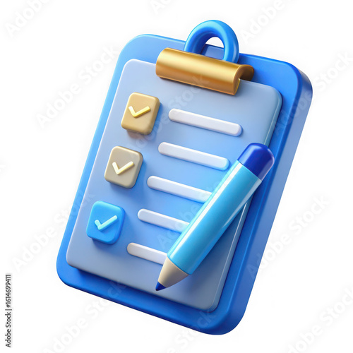 3d illustration of a blue clipboard with a checklist and a pen for managing tasks and organizing information effectively isolated on transparent background
