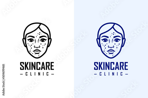 vector illustration of woman's face with acne spots, icon, logo for skin clinic, anti aging, cosmetics brand, luxury facial spa, makeup, skin specialist, dermatologist, skincare, and more