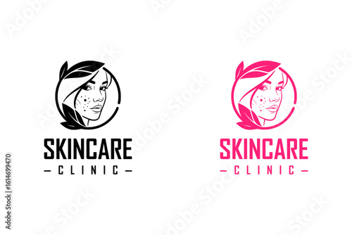 woman acne face framed in a leaf circle vector illustration, logo for herbal, skin clinic, skin specialist, luxury facial spa, anti aging, makeup, beauty clinic, cosmetics brand, skincare, and more