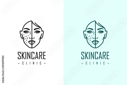 woman face with half showing acne and half healed skin vector illustration, logo for cosmetics brand, healthy skin, makeup, skin specialist, skin clinic, luxury facial spa, skincare, and more