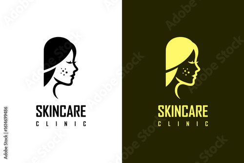 illustration of side profile of a woman's face with acne, icon, vector logo for skin clinic, beauty clinic, skin specialist, makeup, luxury facial spa, anti aging, cosmetics brand, skincare, and more