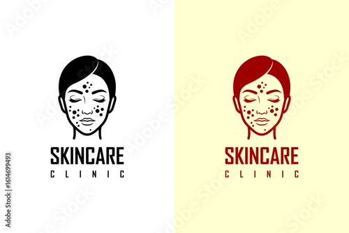 illustration of woman's face with small bold acne, icon, vector logo for dermatologist, skin specialist, skin care, cosmetics brand, luxury facial spa, anti aging, makeup, skin clinic, and more