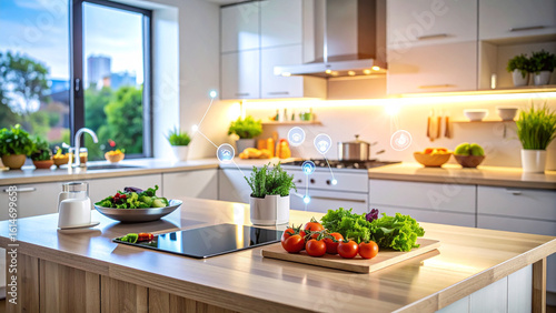 Wallpaper Mural A beautifully designed modern kitchen featuring smart home automation, connected appliances, and fresh ingredients for healthy cooking. Torontodigital.ca
