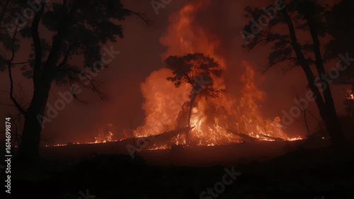 Towering wildfire engulfing tree in flames