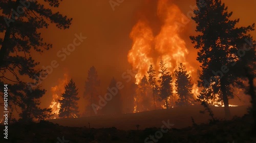 Explosive wildfire devouring dense forest