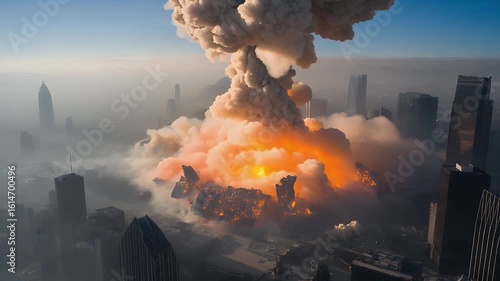 Gigantic urban explosion with thick smoke and blast wave