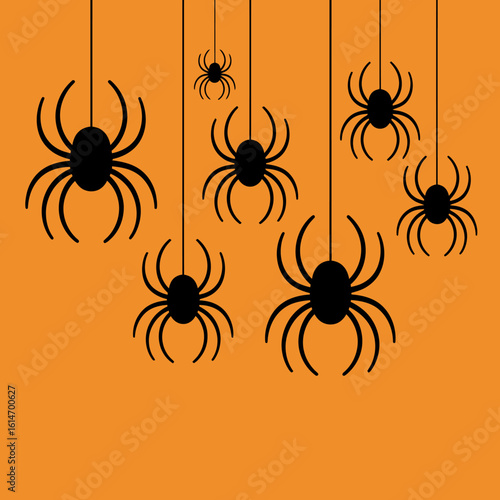 Hanging Black Spiders on Orange Background Illustration
