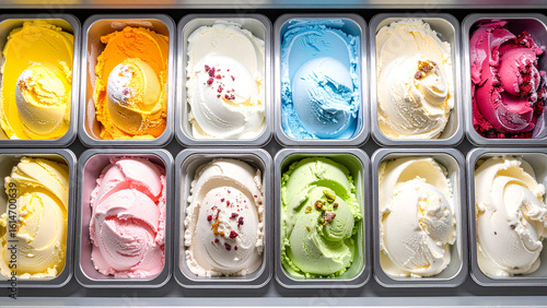 A vibrant assortment of artisanal ice cream and gelato flavors in a shop display case, a colorful sweet treat.