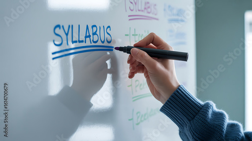 Hand writing syllabus on whiteboard with marker image