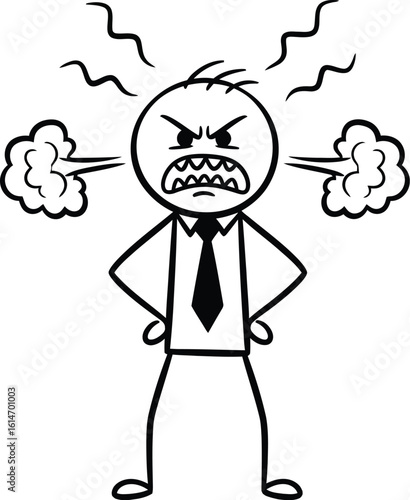 Angry stick figure illustration vector image of frustrated man with steam from ears cartoon drawing