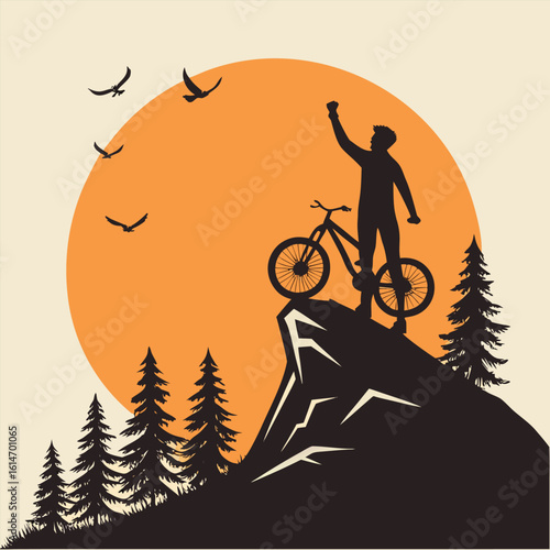Triumphant Cyclist Overlooking the Sunset from a Mountain Top