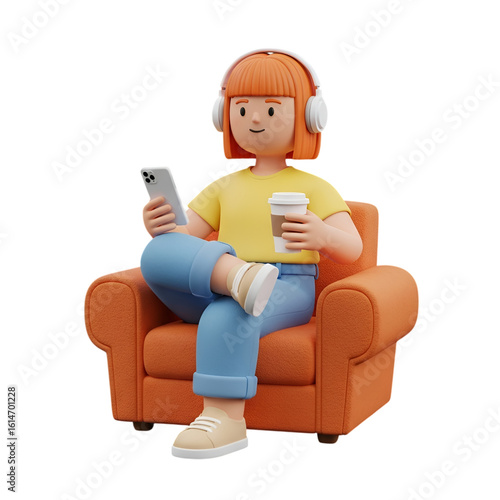 3d icon of a young woman wearing headphones sits comfortably in an orange armchair, holding a smartphone and a coffee cup isolated on transparent background