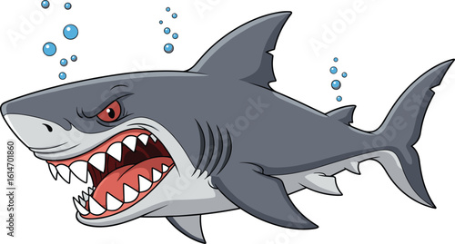 Cartoon angry shark with sharp teeth, swimming underwater, blue bubbles, fierce predator illustration, sea animal character, ocean wildlife design, vector art