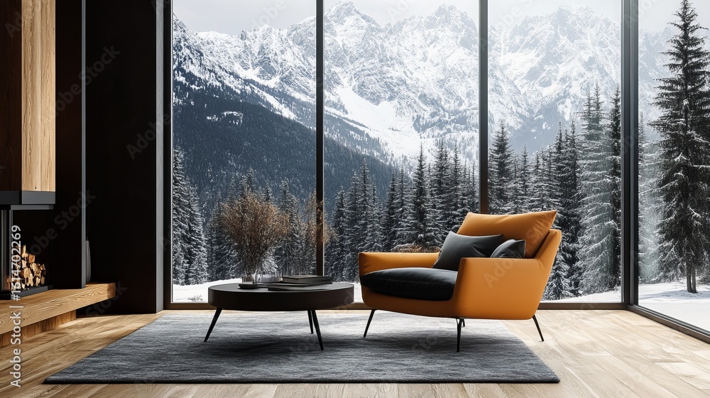 Fototapeta premium Luxurious living room with a vibrant orange armchair overlooking snow-covered mountains. Fireplace & coffee table