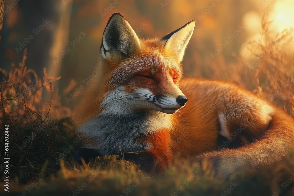 Obraz premium Red fox resting peacefully in the wild during early morning light, Red fox Vulpes vulpes A fox is resting in the wild