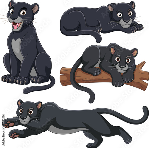 Cartoon black panthers, sitting, lying down, crouching, jungle animals, cute feline characters, wild cats, educational vector, children’s illustration, animal poses
