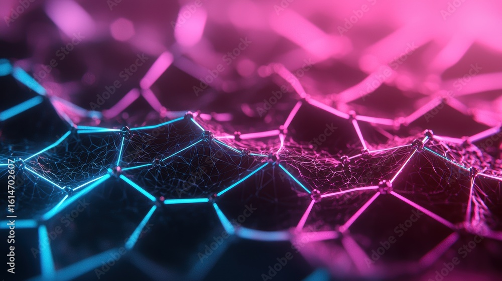 Obraz premium Connection Abstract geometric web of interconnected hexagons, glowing in a neon blue futuristic style