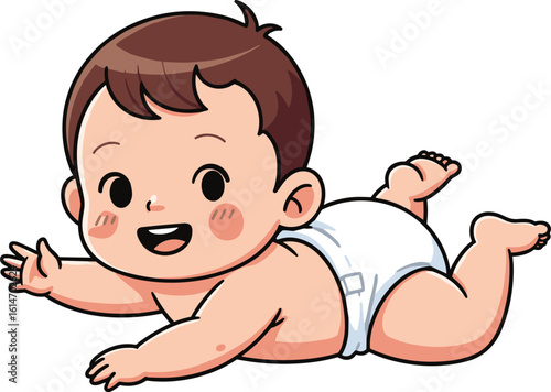 Cartoon baby crawling in diaper, cute child character smiling, playful infant illustration for parenting content, nursery decor, baby products