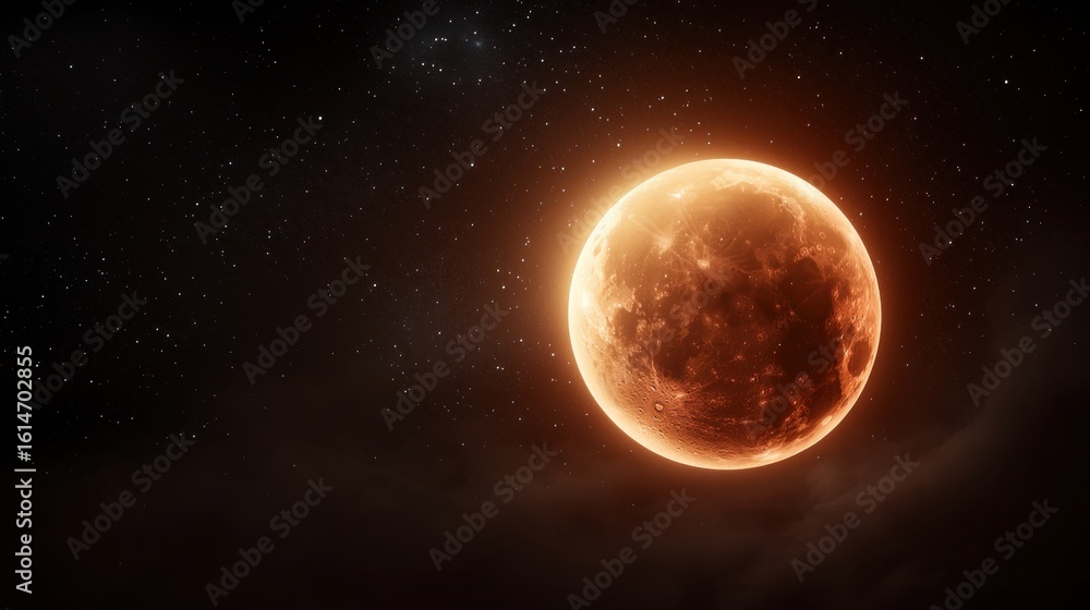 Obraz premium Cosmic Otherworldly view of a glowing moon against a dreamy star lit sky.