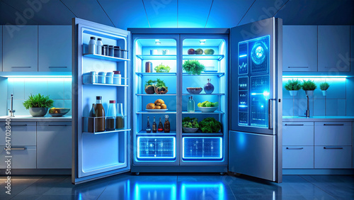Futuristic smart refrigerator with an interactive screen and blue LED lights, open in a modern kitchen.