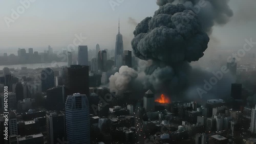 Massive explosion in the heart of a modern cityscape,