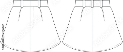 mid high rise waist darted tailored pleated mini short jean denim a line skirt template technical drawing flat sketch cad mockup fashion woman design style model 
