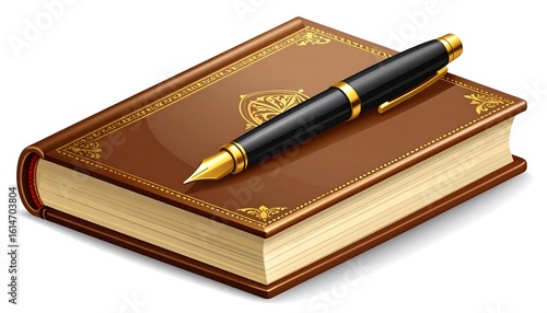 A book and pen resting on a white background