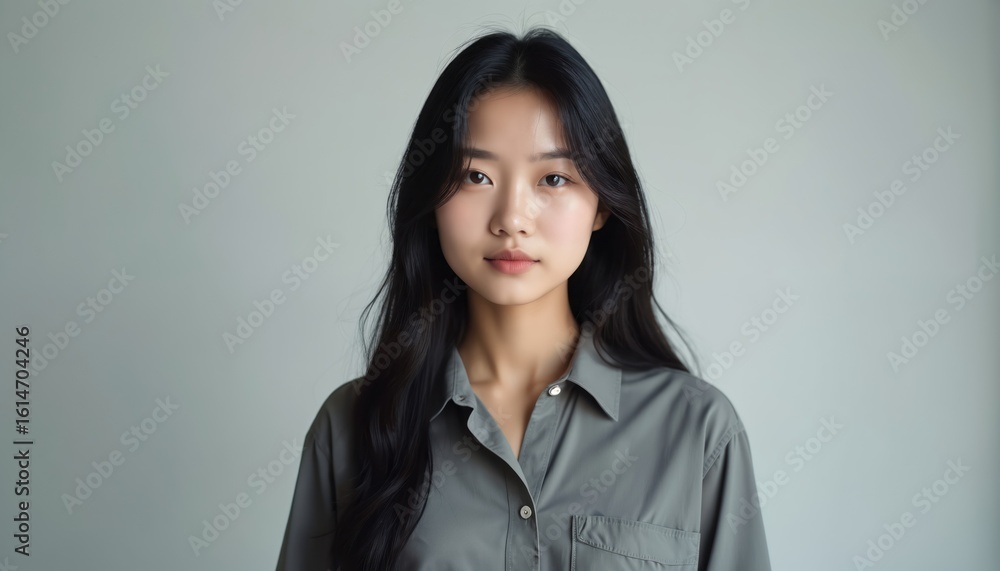 Portrait of young East Asian woman with long black hair, standing against plain white background. Wears casual gray shirt, smiles gently. Image provides ample copy space, suitable for advertising Portrait of young East Asian woman with long black hair, standing against plain white background. Wears casual gray shirt, smiles gently. Image provides ample copy space, suitable for advertising
