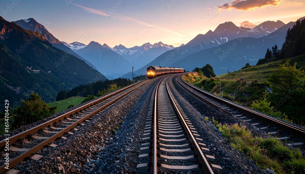 Fototapeta premium Scenic train journey through majestic mountains at sunset, a breathtaking travel experience