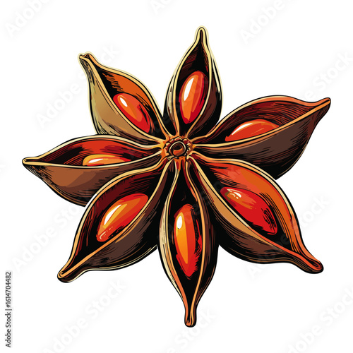 Star anise vector color illustration. Aromatic spice on isolated background for packaging and design