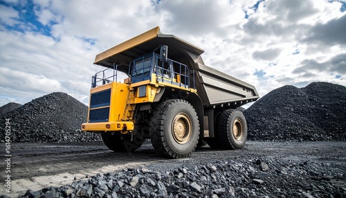 Massive yellow haul truck parked in an open-pit coal mine against a dramatic cloudy sky, representing the heavy industry of mineral extraction.