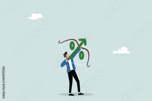 Interest rate hike due to inflation percentage rising up, FED, federal reserve or central bank monetary policy, economics or loan concept, businessman archery percentage arrow high up into the sky.