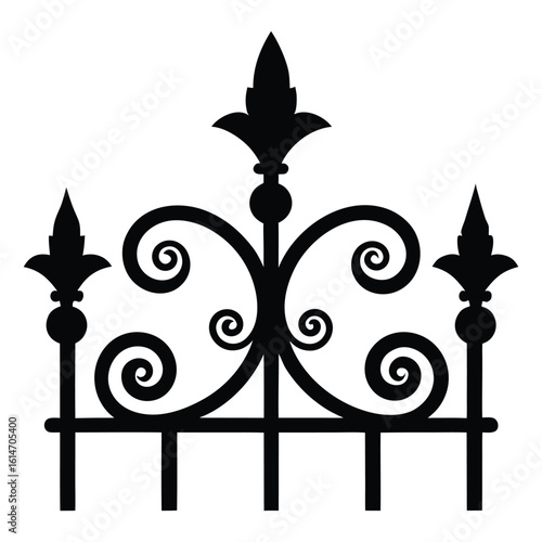 Ornate black wrought iron fence section with fleur de lis finials