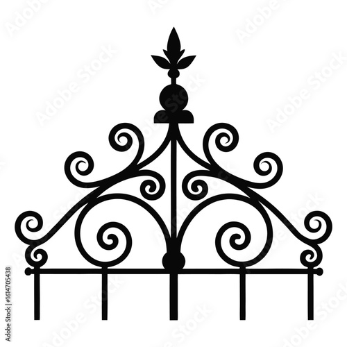 Ornate black wrought iron gate top with decorative scrollwork and fleur de lis finial