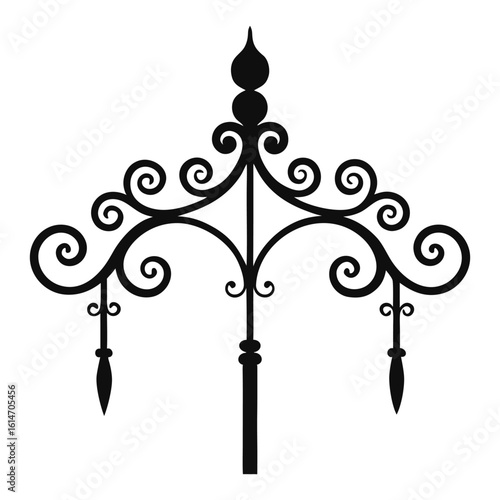Ornate black wrought iron scrollwork decorative finial element