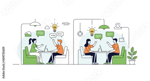 Collaborative learning and brainstorming session between two individuals in a modern workspace setting with thought bubbles representing ideas