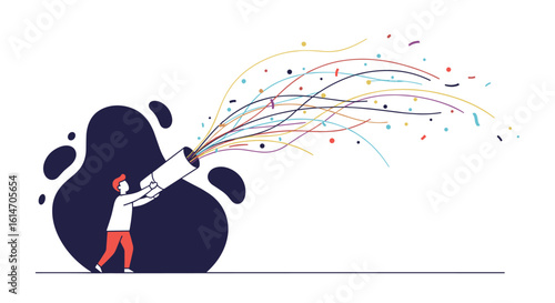 Person firing a party popper releasing a stream of colorful confetti and streamers into the air