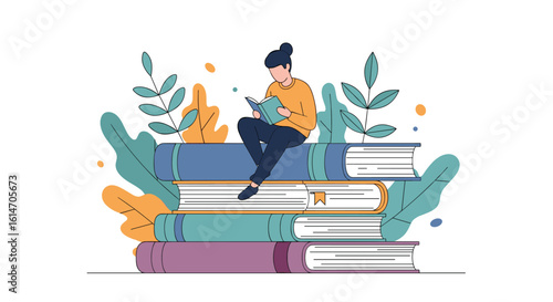 Young woman sitting on stack of books surrounded by green leaves enjoying reading literature education