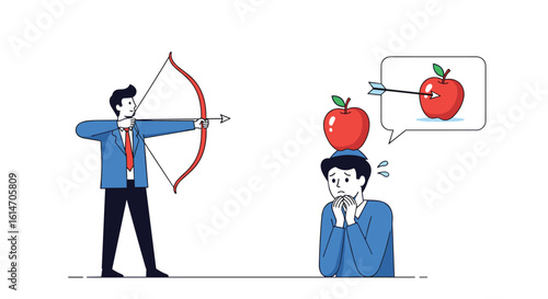 Man aims bow and arrow at man b's head with apple on top