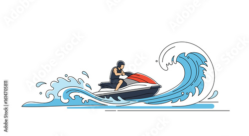 An adventurous person rides a jet ski through a large breaking wave with a red umbrella for protection