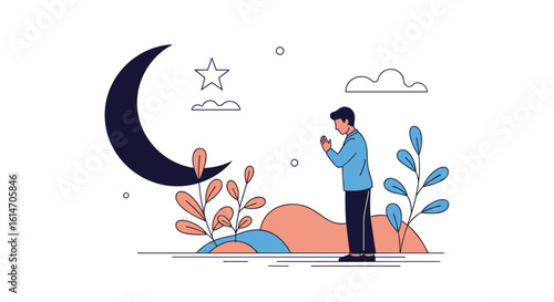 A muslim man praying under the crescent moon with beautiful nature scenery illustration