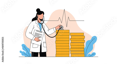 Doctor using stethoscope to check health of stacked gold coins representing financial well being and economic growth