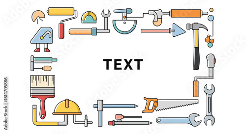 Collection of construction tools arranged to form a decorative border around central text