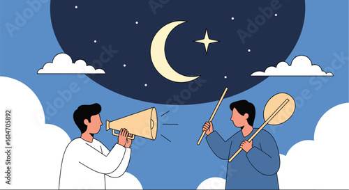 Two individuals under a crescent moon at night holding a megaphone and a stick with a circular object