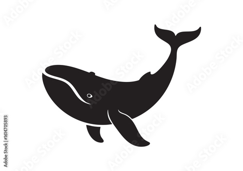 Black silhouette of a whale with fluke raised on white background animal