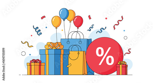 Exciting discount deals wrapped with gifts and balloons celebrating special offers