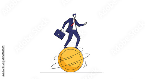 Businessman balancing precariously on a spinning gold coin representing financial risk and market volatility